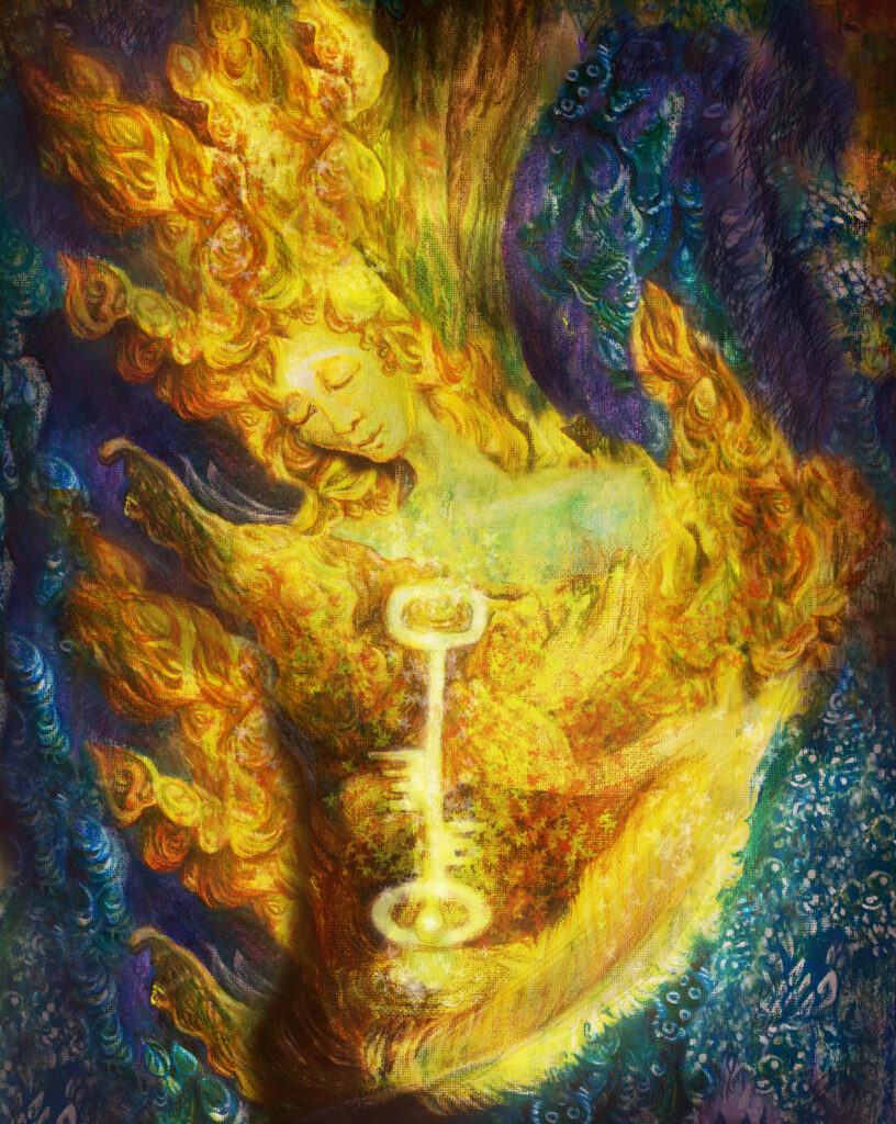 golden fire fairy guardian in forest, colorful painting.